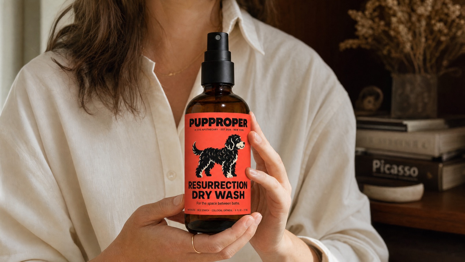 A pair of hands cradling the Pupproper Resurrection Dry Wash bottle — founder POV