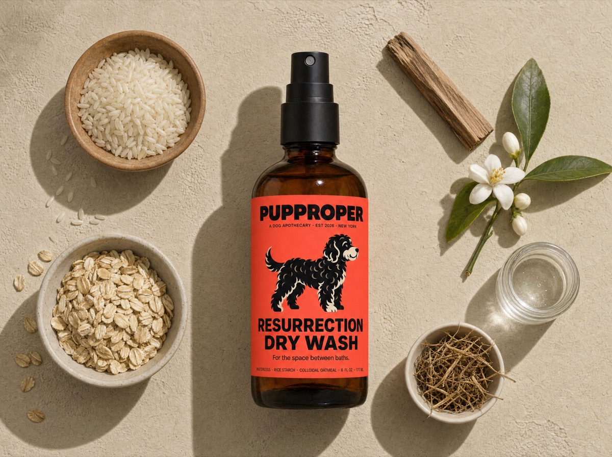 Rice starch, colloidal oatmeal, kaolin, and botanicals arranged around the Resurrection bottle — every ingredient, photographed
