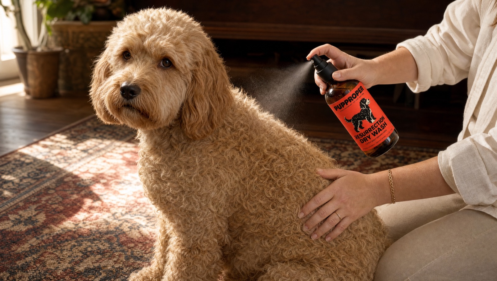 The thirty-second ritual — Resurrection misted along a Labradoodle's coat in the living room