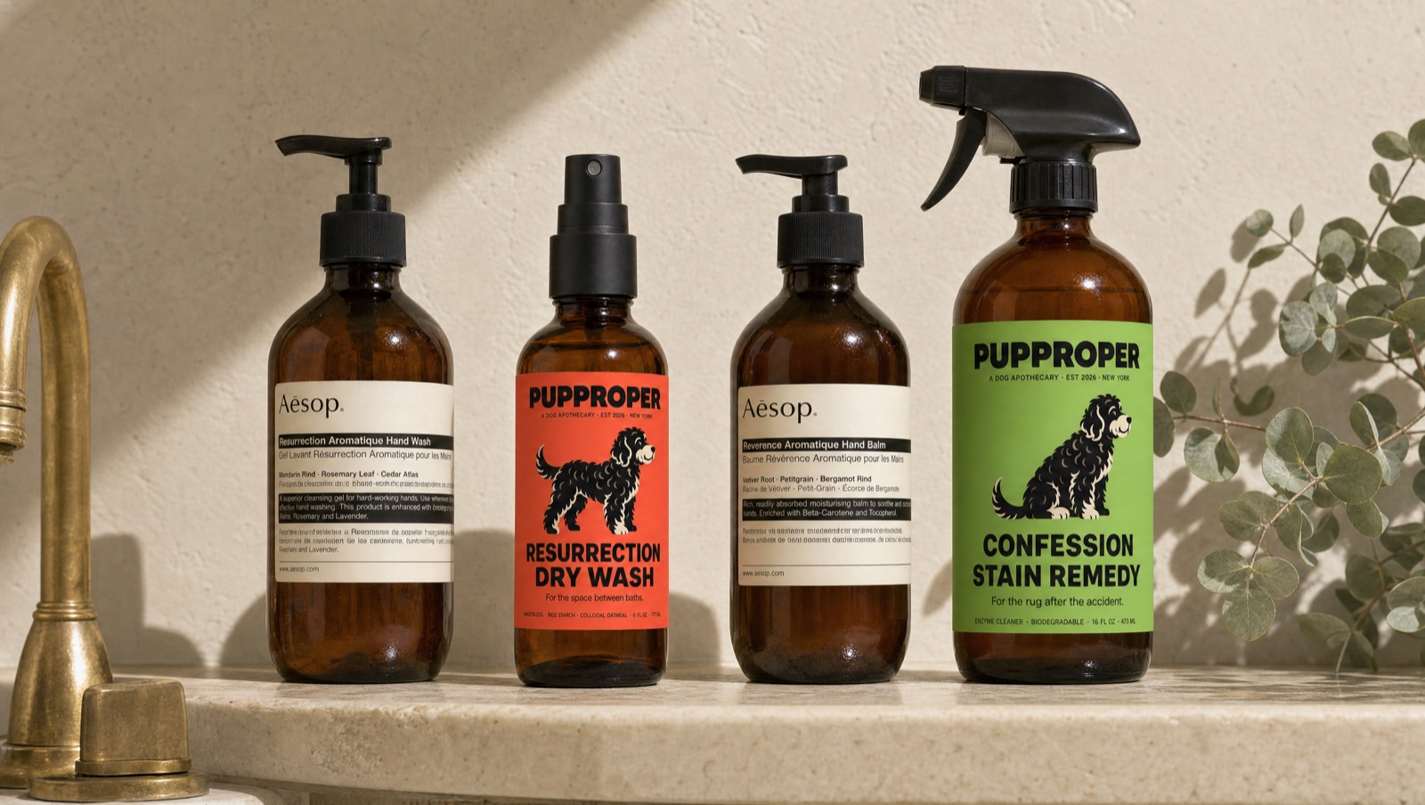 Pupproper and Aesop bottles arranged together on a marble bathroom shelf
