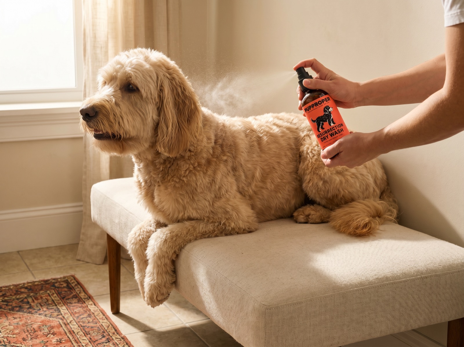 Resurrection Dry Wash misted along a Labradoodle's coat at home — the ritual between baths