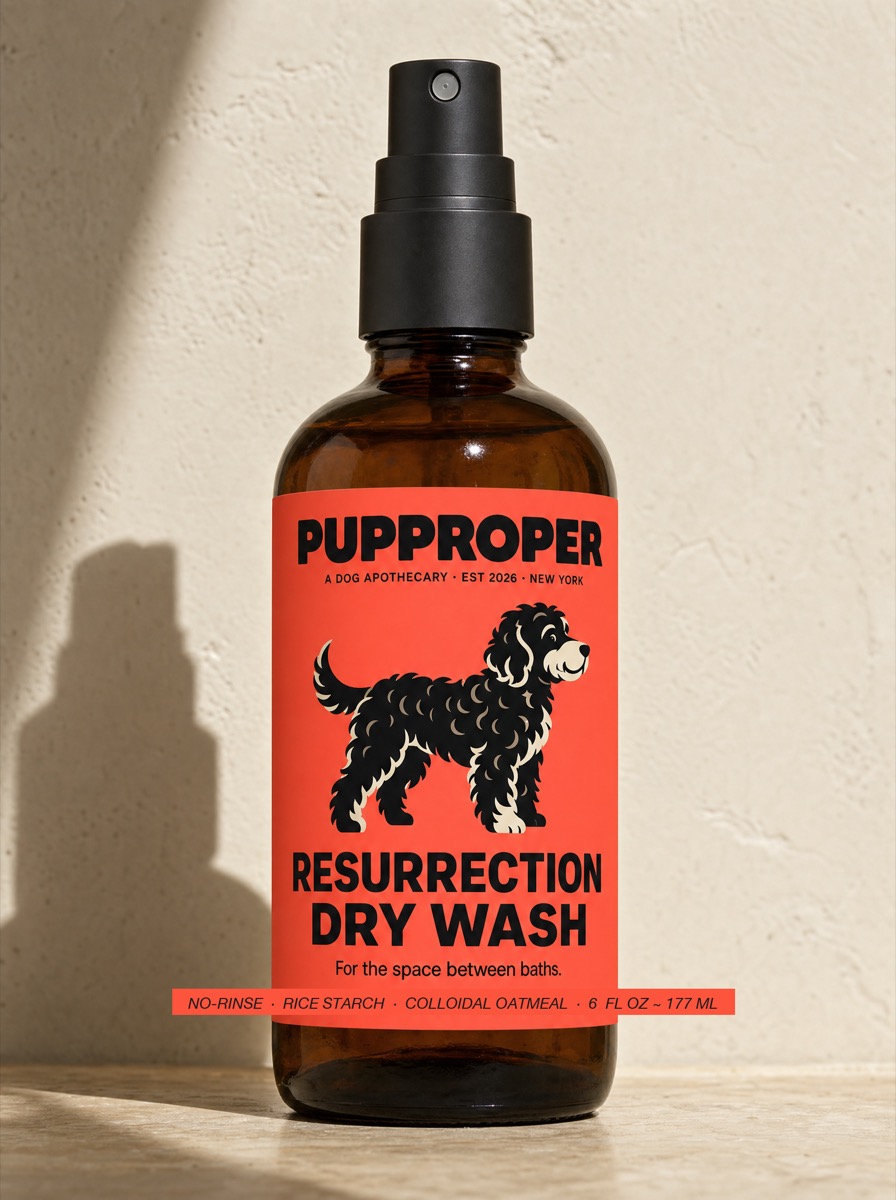 Pupproper Resurrection Dry Wash — amber glass bottle with bright coral label and sitting Labradoodle illustration