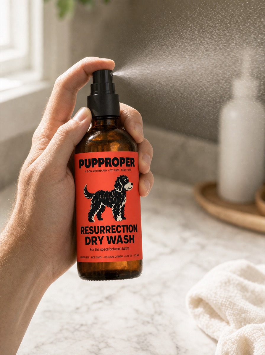 Resurrection's fine mist caught mid-air — sandalwood, neroli, and vetiver leaving the bottle